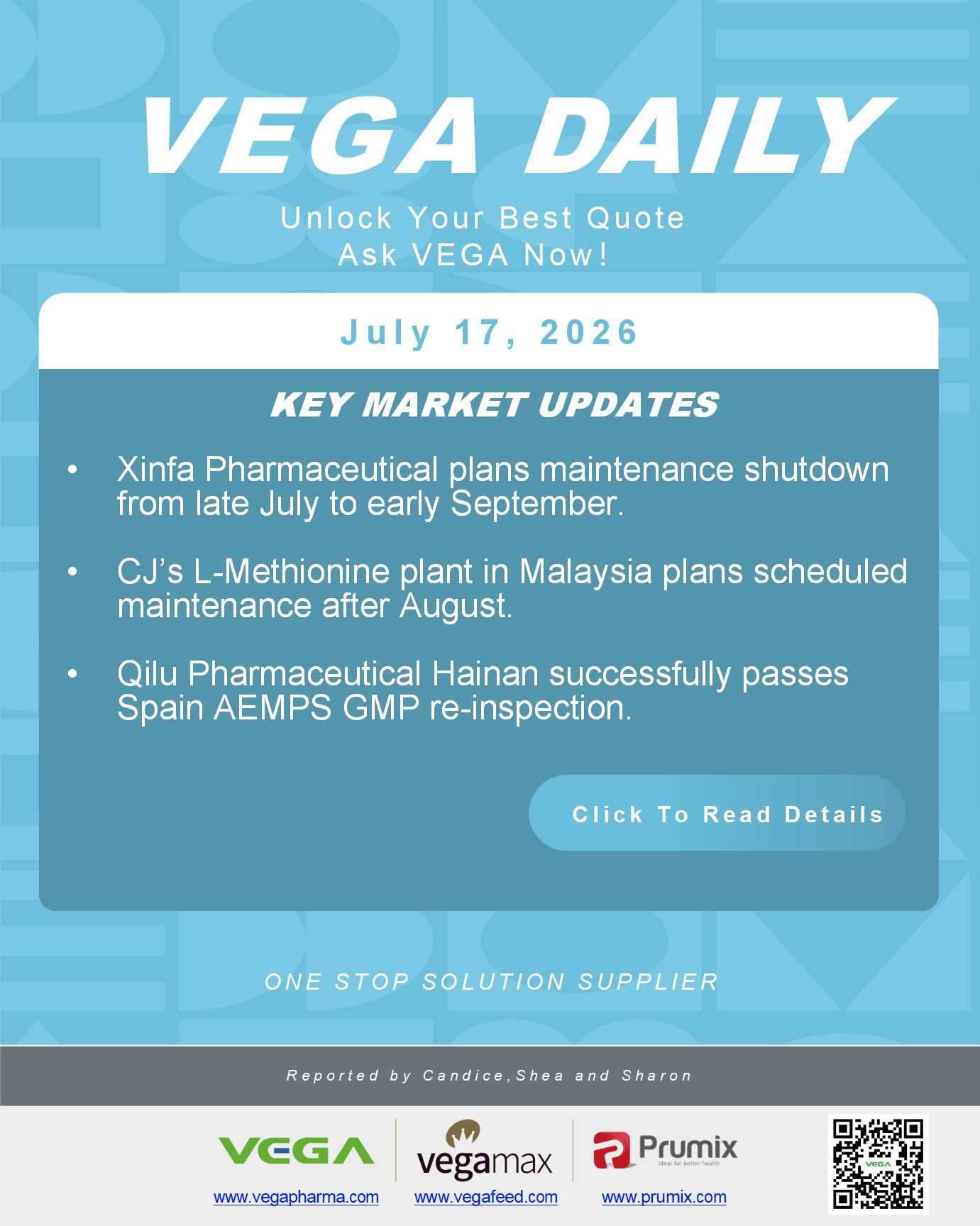 VEGA Daily 20260717 Xinfa Maintenance CJ Methionine Qilu GMP Update.png